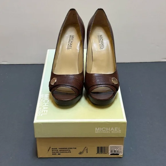 Michael Kors "Harness Open Toe" Chocolate Heels - Picture 3 of 12